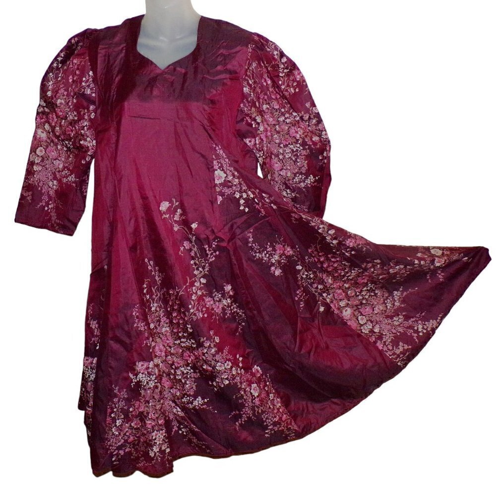 Vintage Maroon Floral 100% Silk Dress‎ Salwar India Style Gorgeous!! L